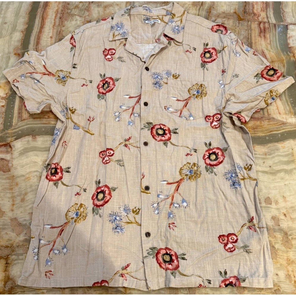 Banks Journal Mens Button-Up Camp Shirt Beige Floral Short Sleeve Graphic XL